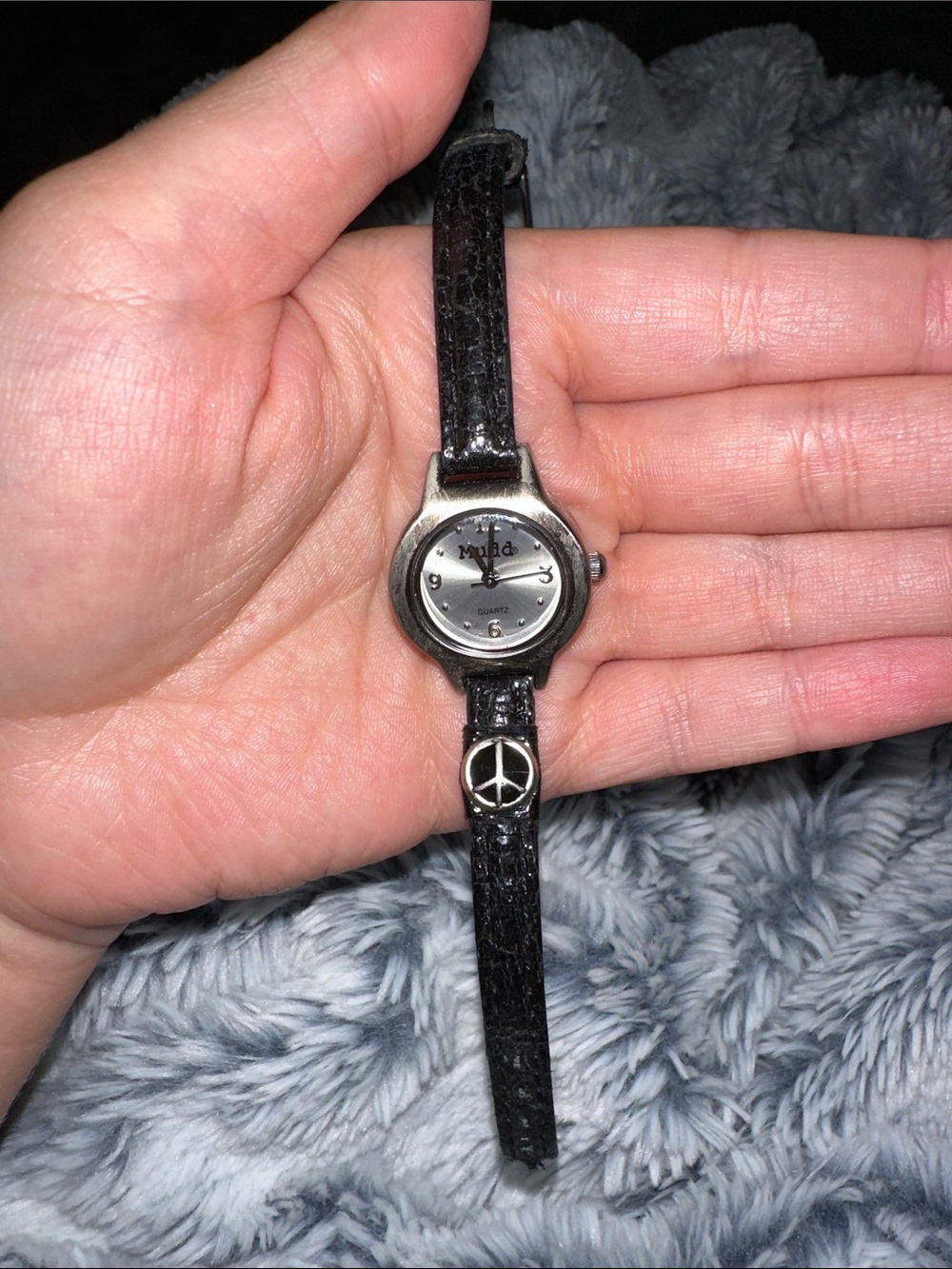 Mudd Silver Dial Black Leather Wristwatch with Peace Sign Accent